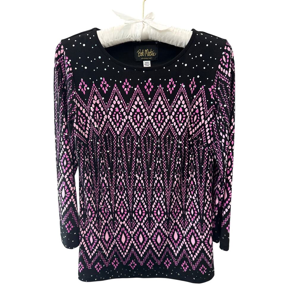 BOB MACKIE | Wearable Art Black & Purple Geometric Print Knit Top | XXS